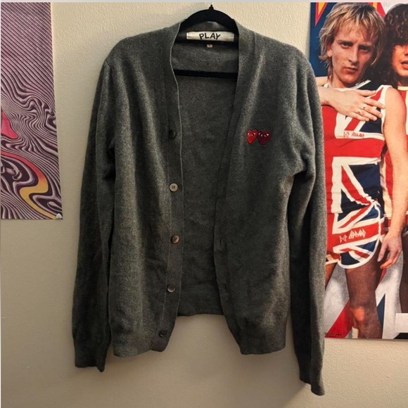 Comme des Garcons Sweaters - Comme des Garcons Gray Cardigan with Red Heart